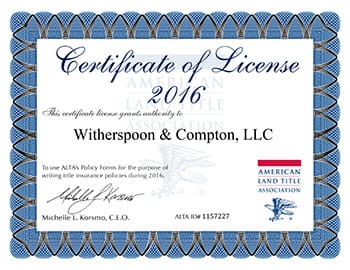 Certificate Of License | 2016 | Witherspoon & Compton, LLC | American Land Title Association